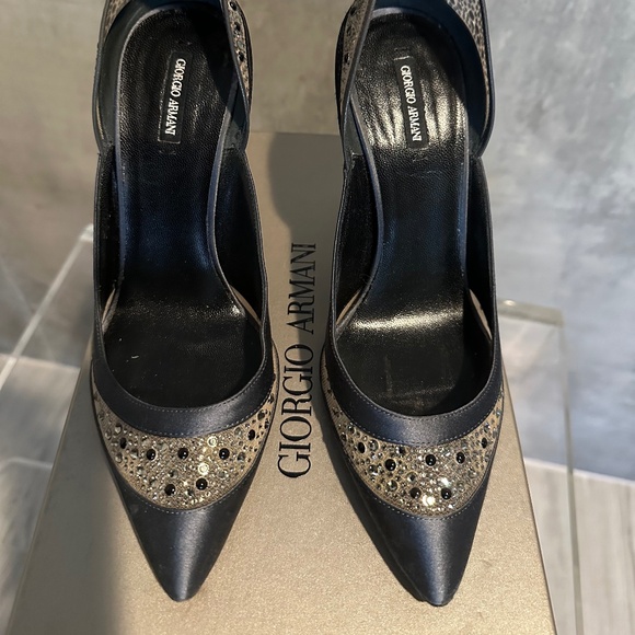 GIORGIO ARMANI Black, Gray, Satin, Mesh & Rhinestone Formal Heels - Size 6.5 - Picture 5 of 10
